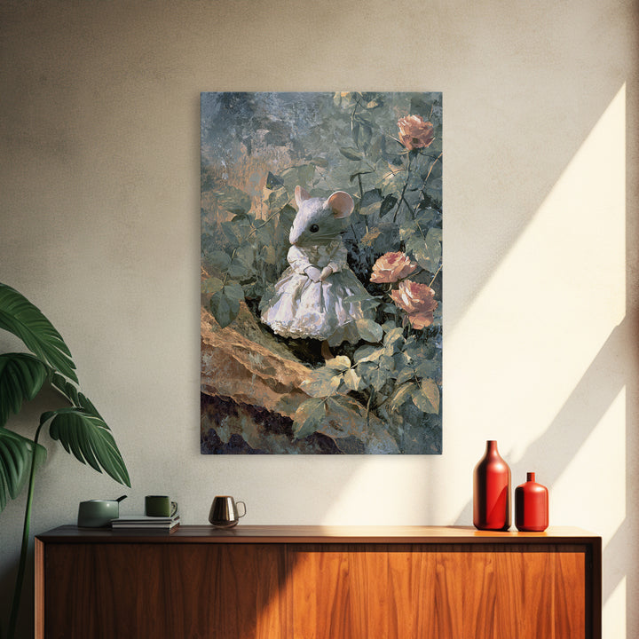 Mouse Ballerina in a Rose Garden Canvas Print, Whimsical Art, Cat Art, Living Room Decor, Watercolor Art, Wonder, WHI-2x3-91