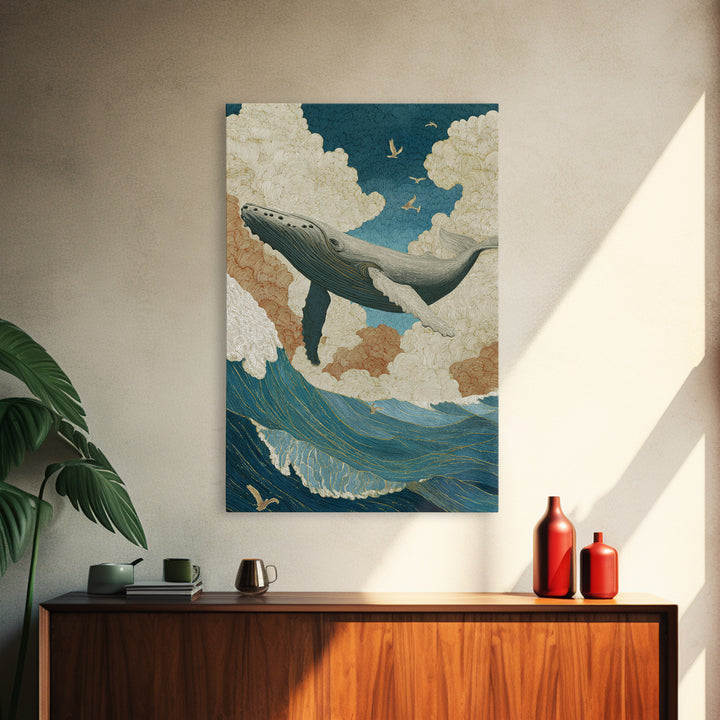 Whale Flying Through Clouds Like Ocean Framed Canvas Print, Whimsical Art, Living Room Decor, Fine Art, Wonder, Gallery Decor, WHI-2x3-93