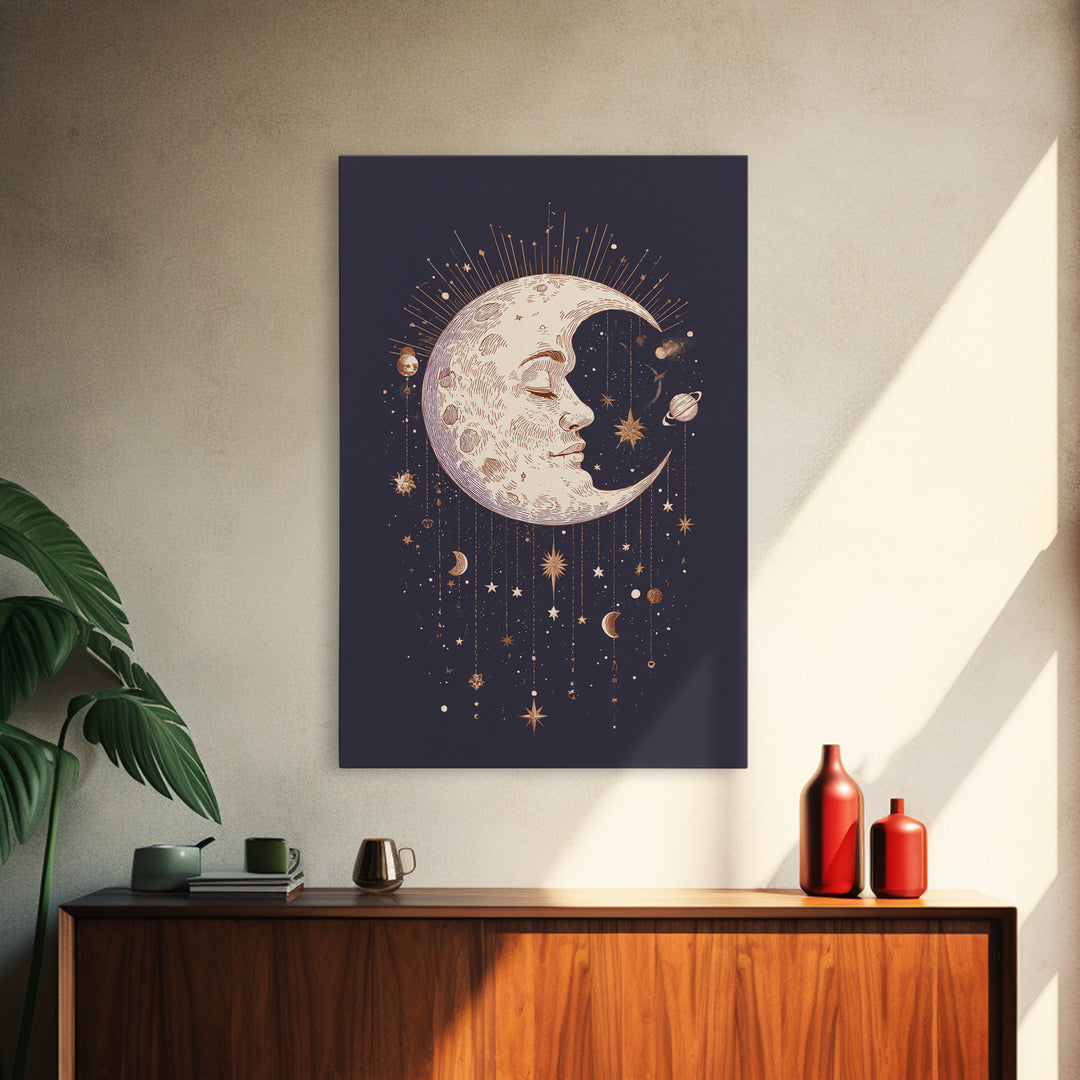 Moon with Sleeping Face and Dangling Stars Canvas Print, Whimsical Art, Living Room Decor, Fine Art, Wonder, Gallery Decor, WHI-2x3-96