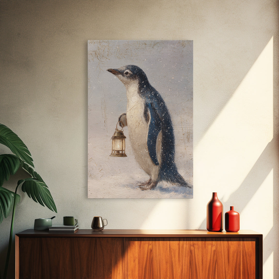 Penguin Holding a Lantern Framed Canvas Print, Whimsical Art, Abstract Wall Art, Living Room Decor, Fine Art, Wonder, WHI-2x3-97