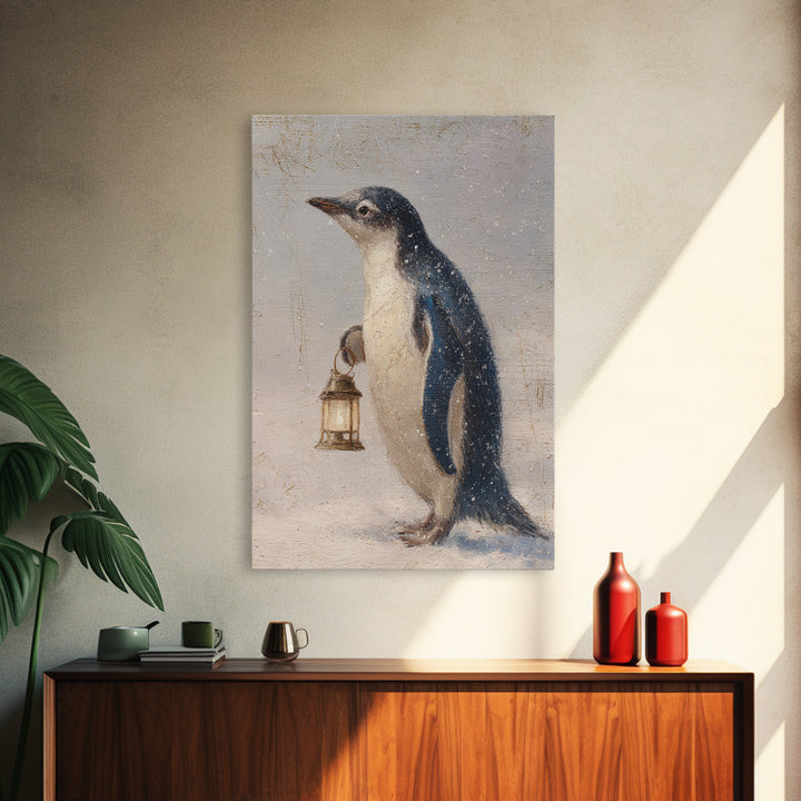 Penguin Holding a Lantern Framed Canvas Print, Whimsical Art, Abstract Wall Art, Living Room Decor, Fine Art, Wonder, WHI-2x3-97