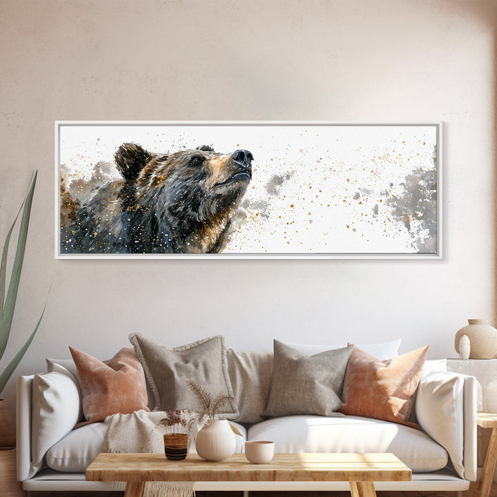 Bear Painting Stars Onto the Night Sky Framed Canvas Print, Whimsical Art, Dark Academia Decor, Living Room Decor, Wonder, WHI-3x1-1