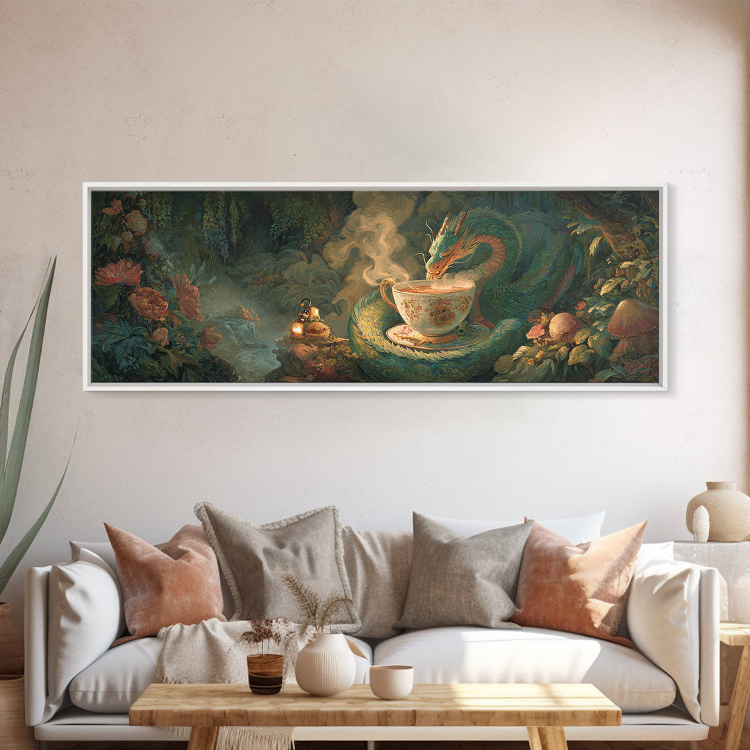 Dragon Curled Around a Teacup Canvas Print, Whimsical Art, Dark Academia Decor, Living Room Decor, Wonder, Modern Decor, WHI-3x1-16