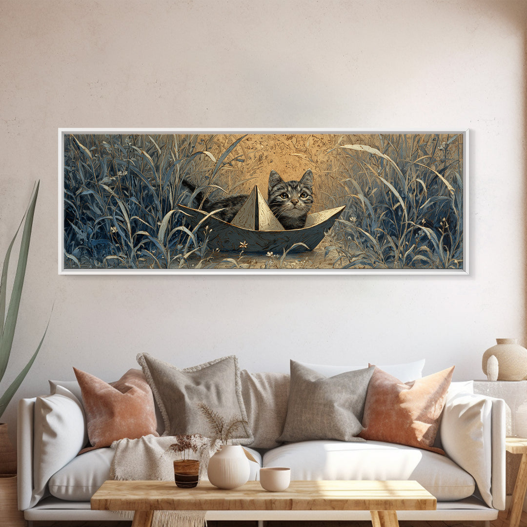 Cat Sailing a Paper Boat Framed Canvas Print, Whimsical Art, Digital Print, Living Room Decor, Fine Art, Wonder, Bird Art, WHI-3x1-18