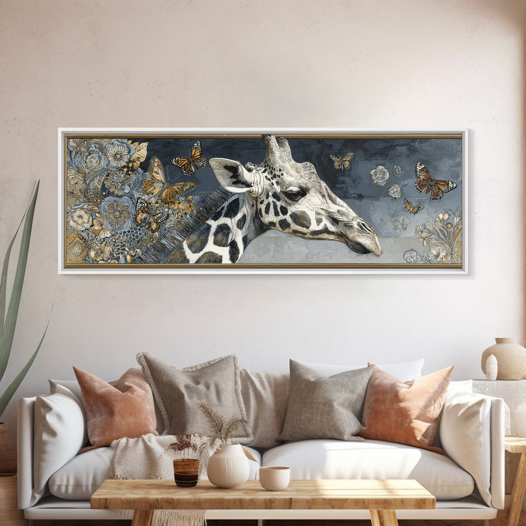 Giraffe with Scarf and Butterflies Framed Canvas Print, Whimsical Art, Original Art, Living Room Decor, Fine Art, Wonder, WHI-3x1-2