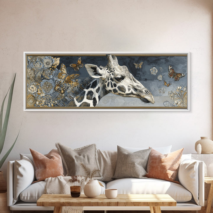 Giraffe with Scarf and Butterflies Framed Canvas Print, Whimsical Art, Original Art, Living Room Decor, Fine Art, Wonder, WHI-3x1-2
