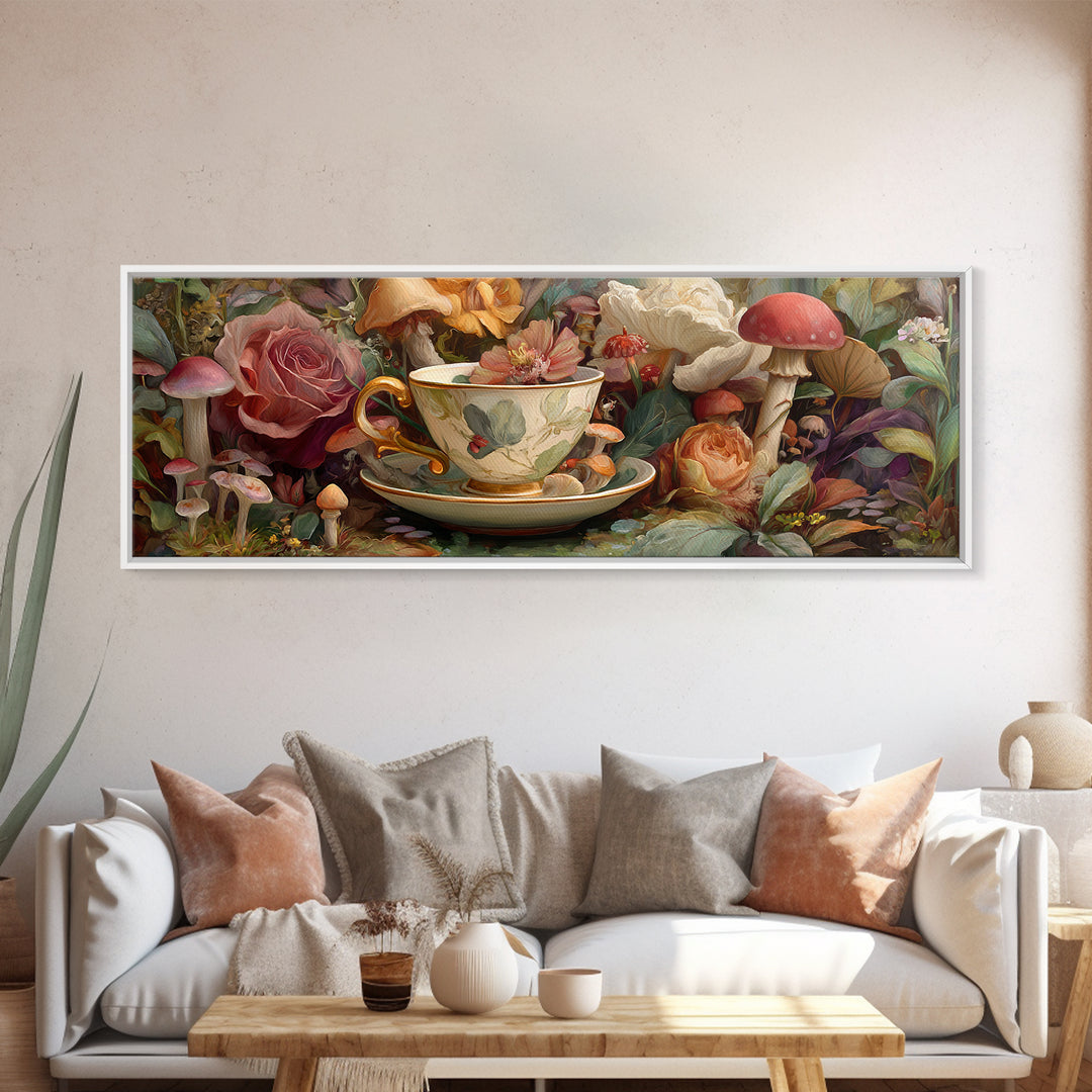 Teacup Garden with Tiny Mushrooms Canvas Print, Whimsical Art, Nursery Art, Living Room Decor, Oil Painting, Wonder, WHI-3x1-20