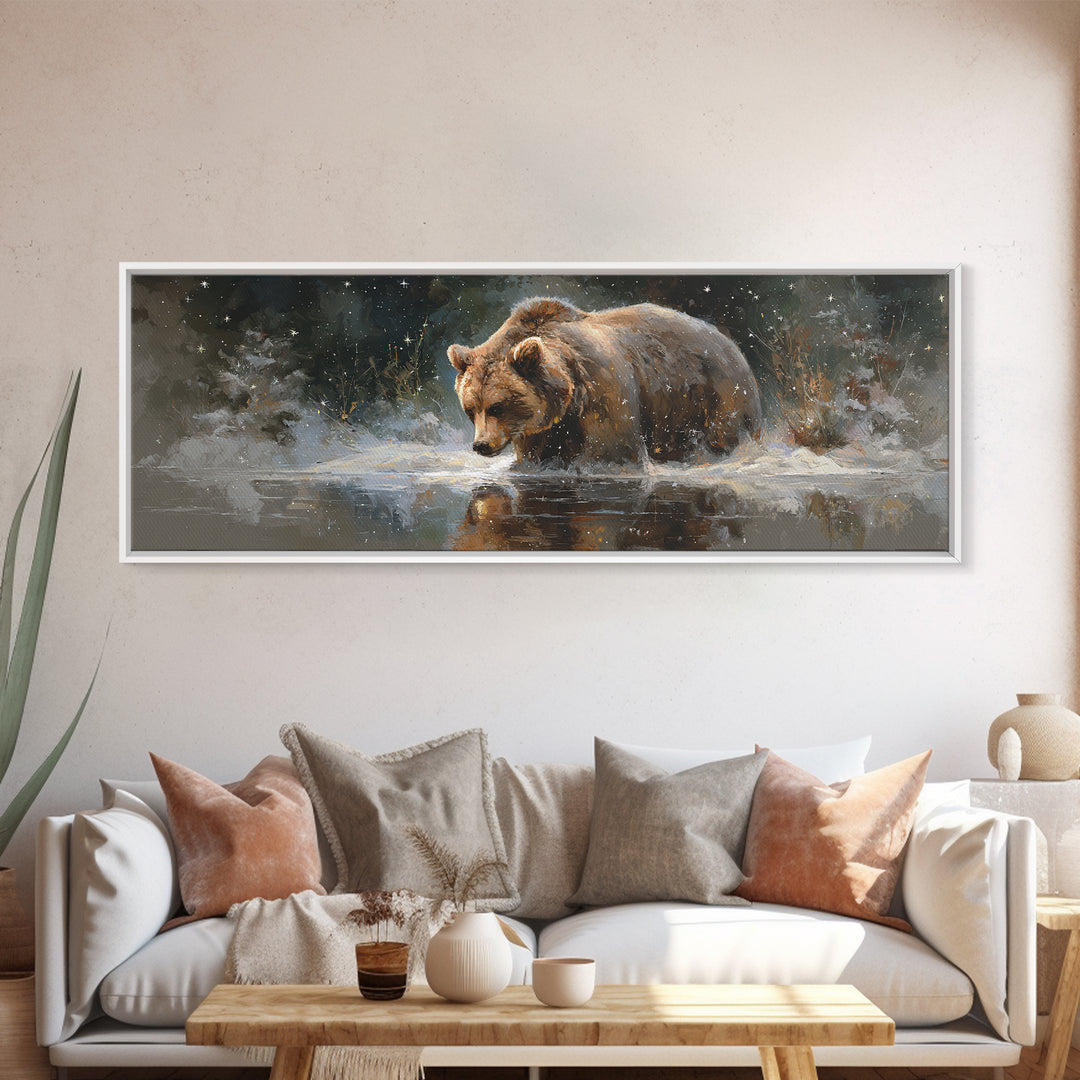 Bear Painting Stars Onto the Night Sky Canvas Print, Whimsical Art, Bird Art, Living Room Decor, Abstract Art, Wonder, WHI-3x1-25