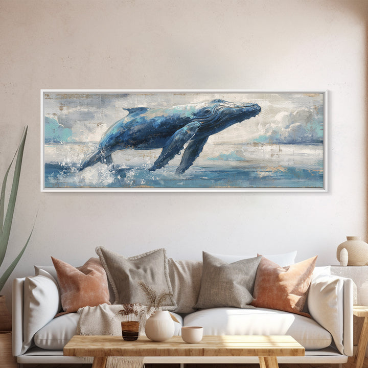 Whale Flying Through Clouds Like Ocean Canvas Print, Whimsical Art, Dopamine Decor, Living Room Decor, Fine Art, Wonder, WHI-3x1-29