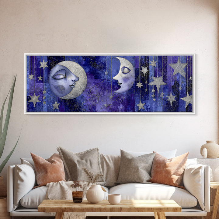 Moon with Sleeping Face and Dangling Stars Framed Canvas Print, Whimsical Art, Watercolor Art, Living Room Decor, Wonder, WHI-3x1-32