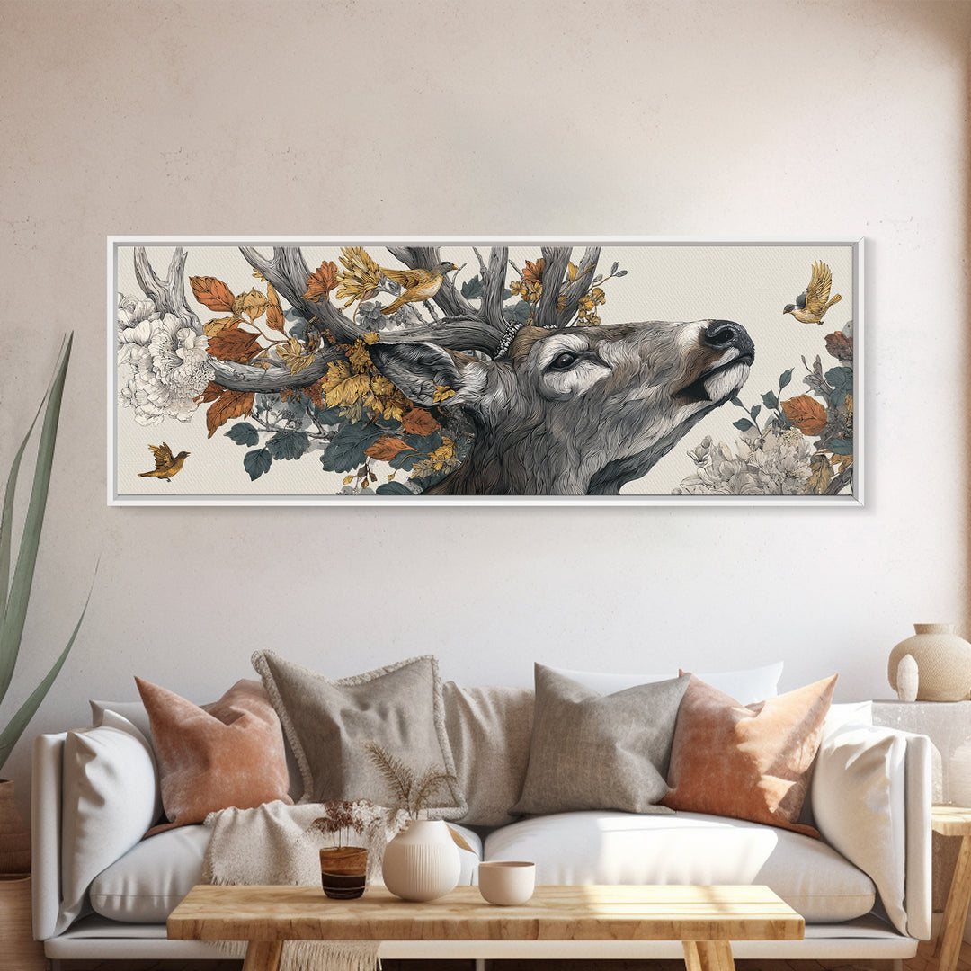 Deer with Antlers Full of Birds Canvas Print, Whimsical Art, Minimalist Decor, Living Room Decor, Wonder, Nursery Wall Art, WHI-3x1-35