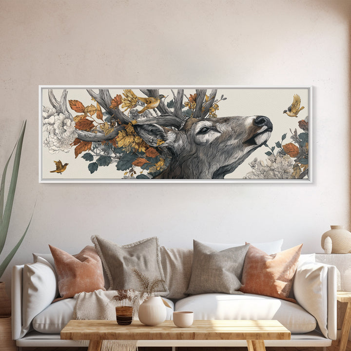 Deer with Antlers Full of Birds Canvas Print, Whimsical Art, Minimalist Decor, Living Room Decor, Wonder, Nursery Wall Art, WHI-3x1-35