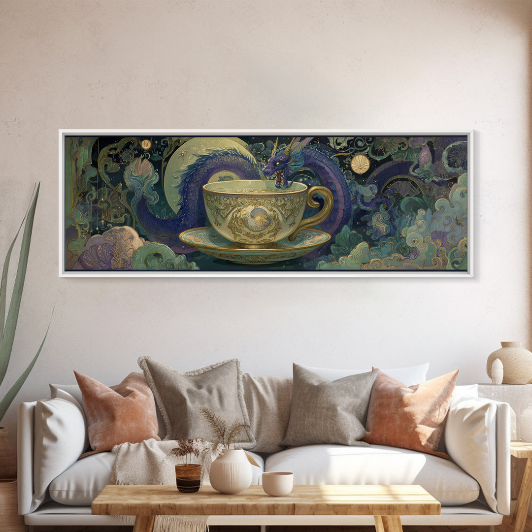 Dragon Curled Around a Teacup Canvas Print, Whimsical Art, Neutral Decor, Living Room Decor, Fine Art, Wonder, Home Decor, WHI-3x1-40