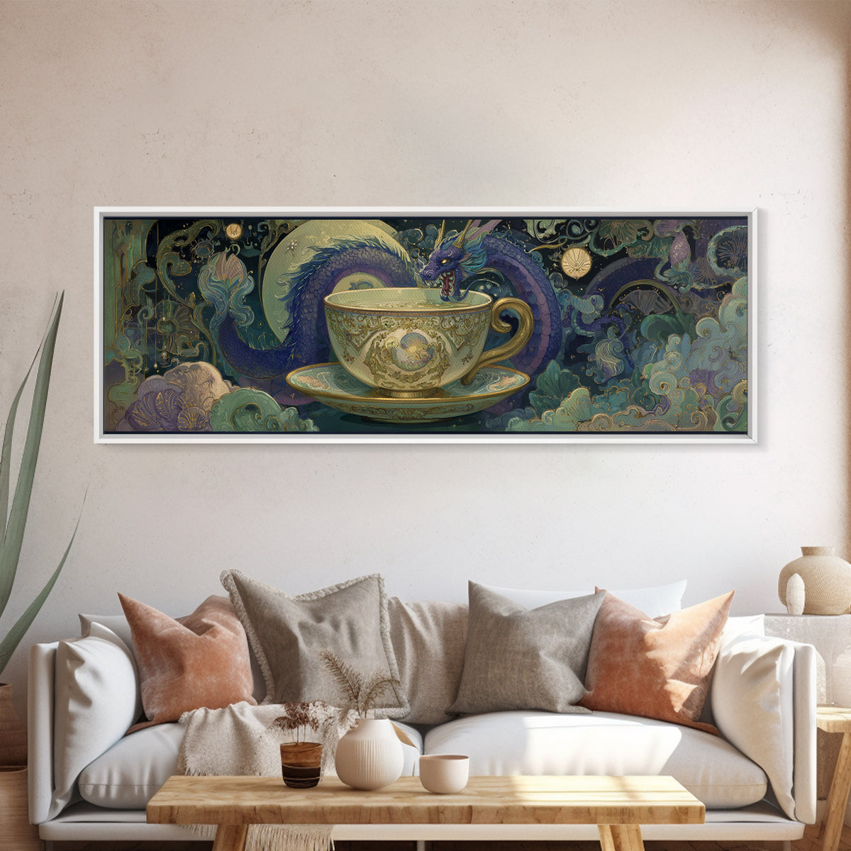 Dragon Curled Around a Teacup Canvas Print, Whimsical Art, Neutral Decor, Living Room Decor, Fine Art, Wonder, Home Decor, WHI-3x1-40