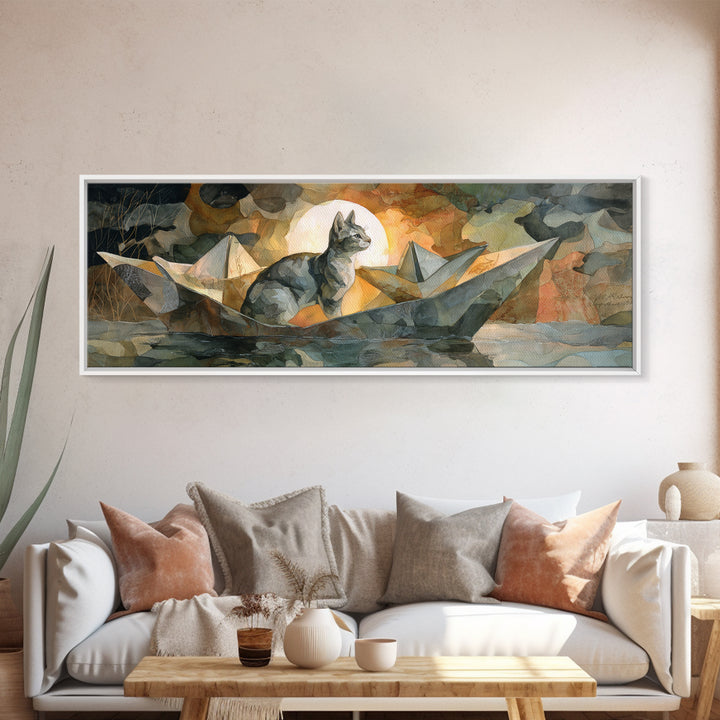 Cat Sailing a Paper Boat Canvas Print, Whimsical Art, Abstract Wall Art, Living Room Decor, Fine Art, Wonder, Neutral Decor, WHI-3x1-42