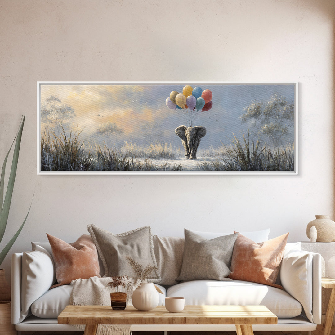 Elephant Holding Balloons Canvas Print, Whimsical Art, Pet Portrait, Living Room Decor, Fine Art, Wonder, Abstract Wall Art, WHI-3x1-43