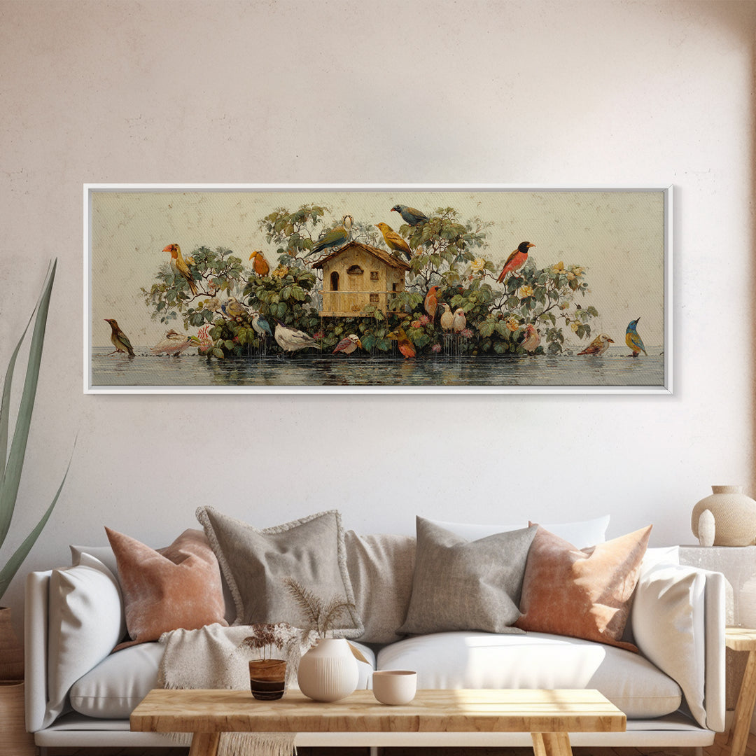 Floating House Carried by Colorful Birds Framed Canvas Print, Whimsical Art, Living Room Decor, Oil Painting, Wonder, WHI-3x1-47