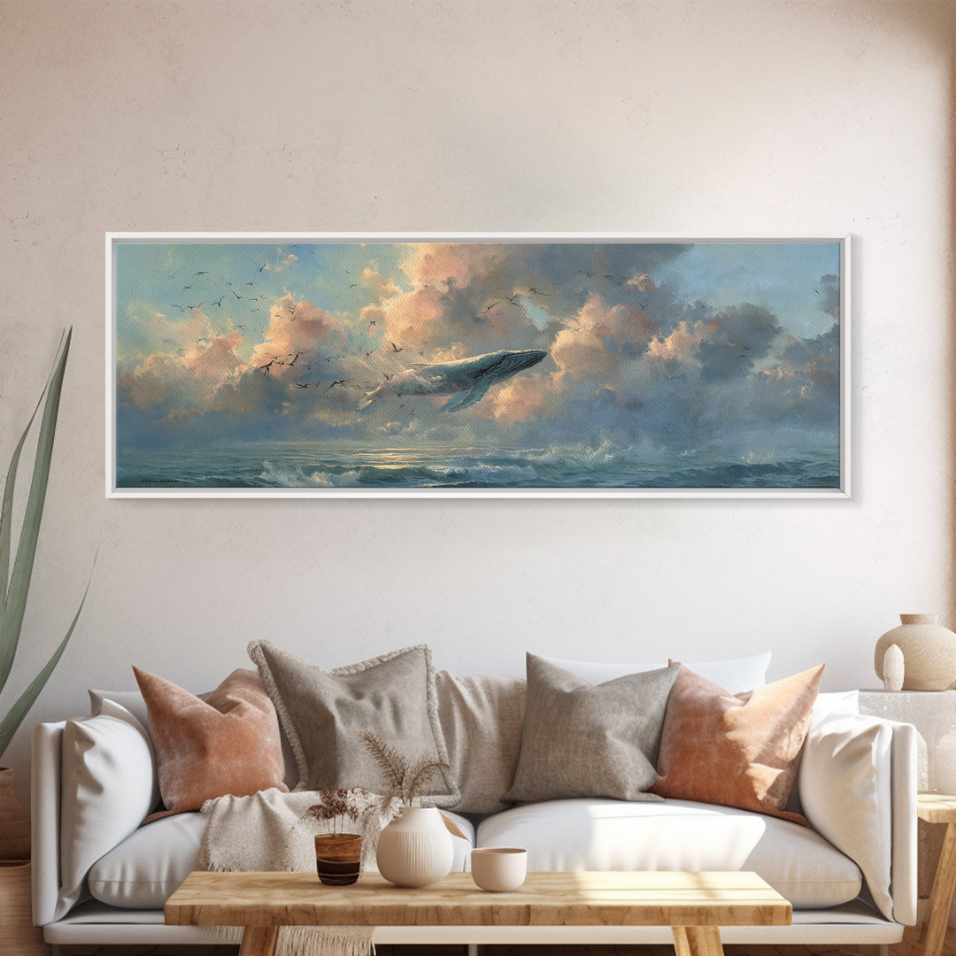 Whale Flying Through Clouds Like Ocean Framed Canvas Print, Whimsical Art, Printable Art, Living Room Decor, Watercolor Art, WHI-3x1-5