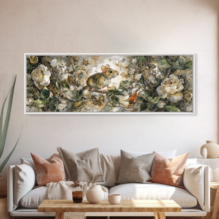 Mouse Ballerina in a Rose Garden Framed Canvas Print, Whimsical Art, Oil Painting, Living Room Decor, Wonder, WHI-3x1-51