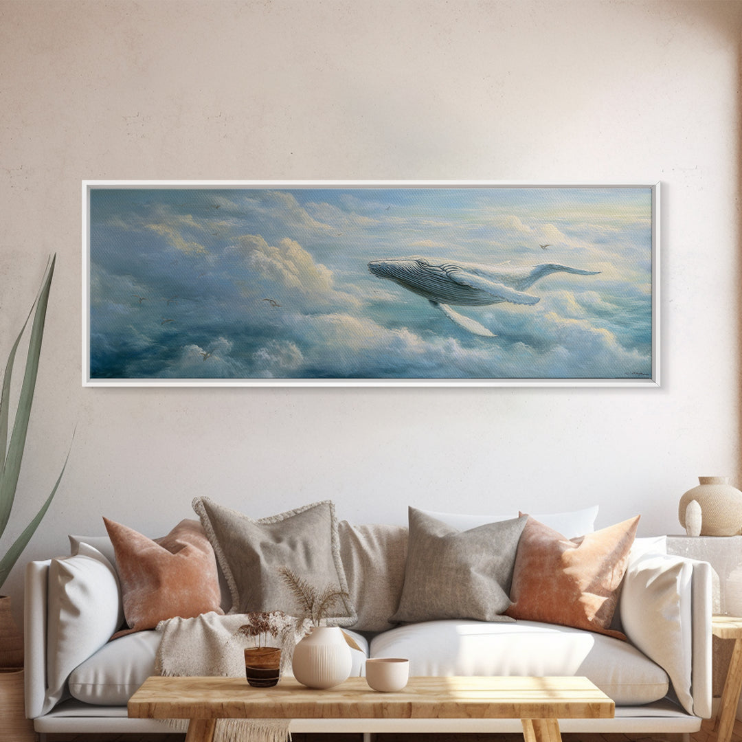 Whale Flying Through Clouds Like Ocean Framed Canvas Print, Whimsical Art, Nursery Art, Living Room Decor, Oil Painting, Wonder, WHI-3x1-53