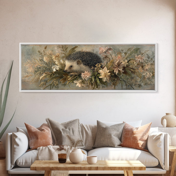 Hedgehog Carrying Wildflowers Framed Canvas Print, Whimsical Art, Prints, Living Room Decor, Oil Painting, Wonder, WHI-3x1-55