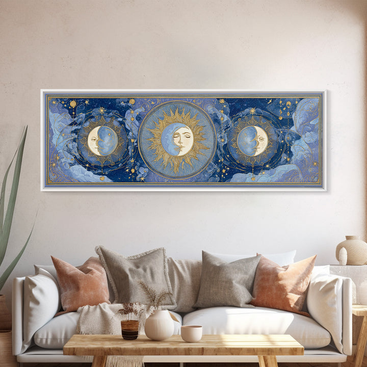 Moon with Sleeping Face and Dangling Stars Framed Canvas Print, Whimsical Art, Minimalist Decor, Living Room Decor, Wonder, WHI-3x1-56