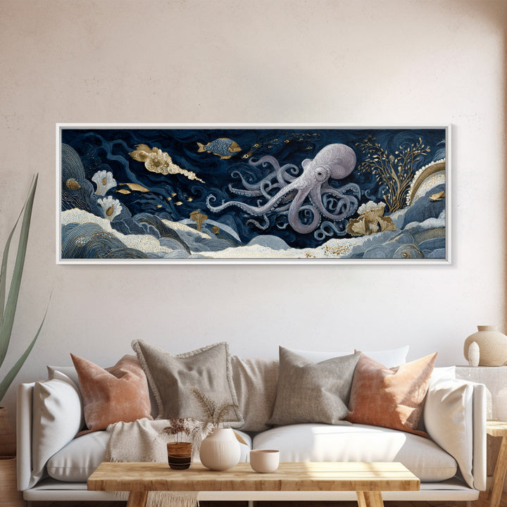 Octopus Conductor with Tiny Instruments Framed Canvas Print, Whimsical Art, Nursery, Living Room Decor, Fine Art, Wonder, WHI-3x1-58