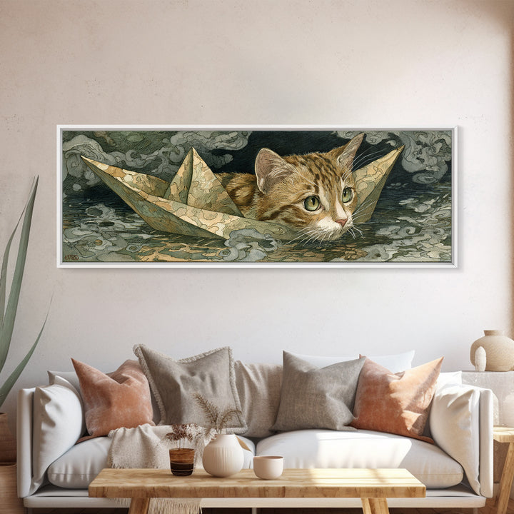 Cat Sailing a Paper Boat Canvas Print, Whimsical Art, Abstract Wall Art, Living Room Decor, Fine Art, Wonder, Neutral Decor, WHI-3x1-66