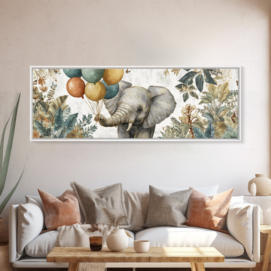 Elephant Holding Balloons Framed Canvas Print, Whimsical Art, Art Nouveau, Living Room Decor, Abstract Art, Wonder, WHI-3x1-67