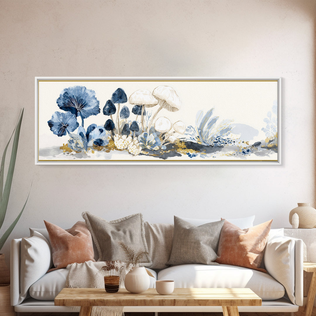 Teacup Garden with Tiny Mushrooms Framed Canvas Print, Whimsical Art, Home Decor, Living Room Decor, Fine Art, Wonder, WHI-3x1-68