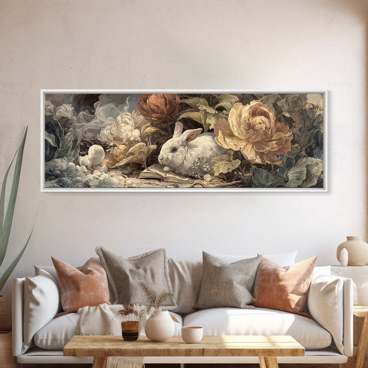 Rabbit Reading Beneath a Giant Flower Framed Canvas Print, Whimsical Art, Gallery Decor, Living Room Decor, Fine Art, Wonder, WHI-3x1-69
