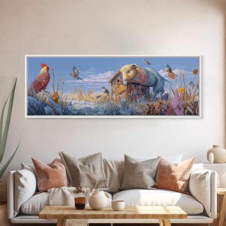 Floating House Carried by Colorful Birds Canvas Print, Whimsical Art, Framed Wall Art, Living Room Decor, Fine Art, Wonder, WHI-3x1-71