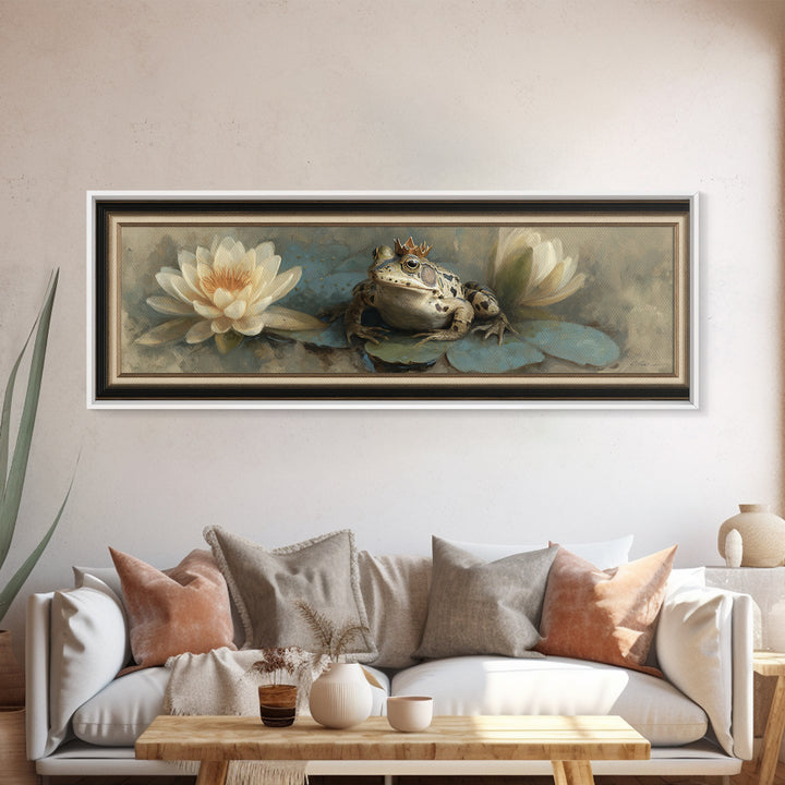 Frog Prince on a Lily Pad Framed Canvas Print, Whimsical Art, Wall Decor, Living Room Decor, Fine Art, Wonder, Printable Art, WHI-3x1-72