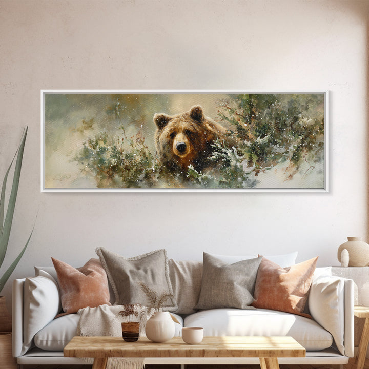 Bear Painting Stars Onto the Night Sky Framed Canvas Print, Whimsical Art, Neutral Decor, Living Room Decor, Fine Art, Wonder, WHI-3x1-73