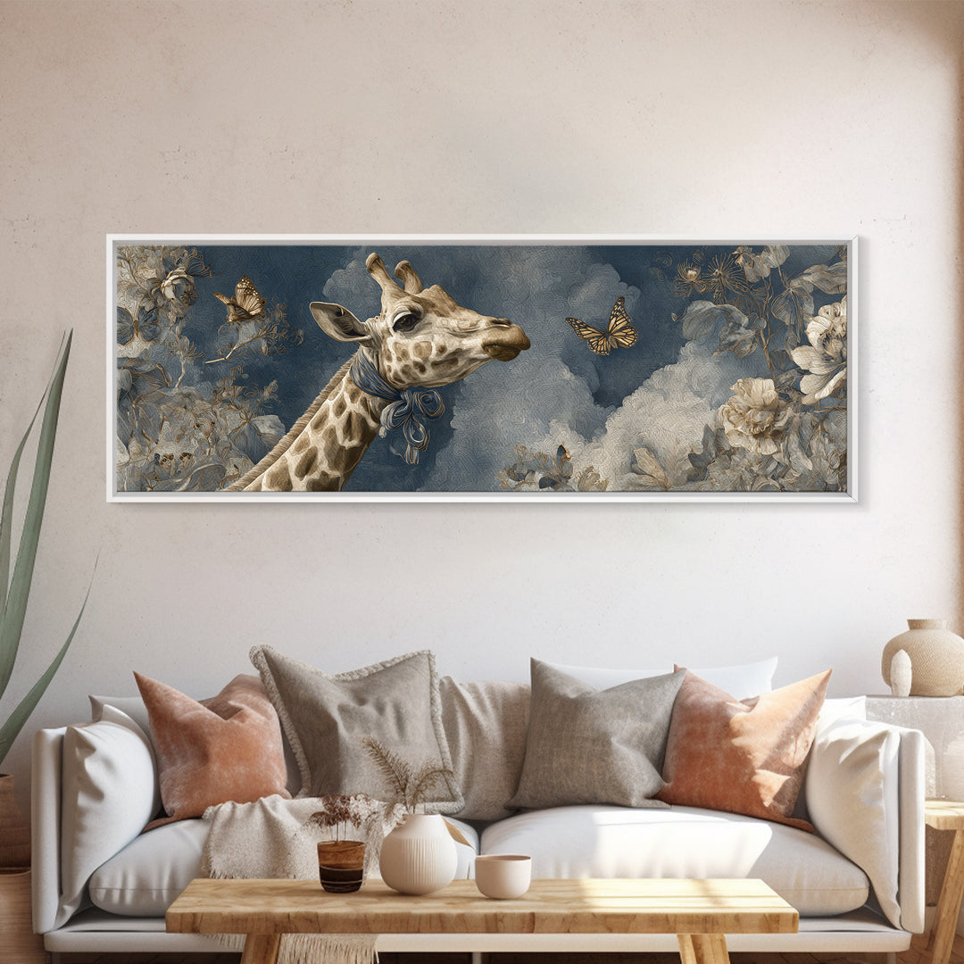 Giraffe with Scarf and Butterflies Framed Canvas Print, Whimsical Art, Dopamine Decor, Living Room Decor, Oil Painting, Wonder, WHI-3x1-74