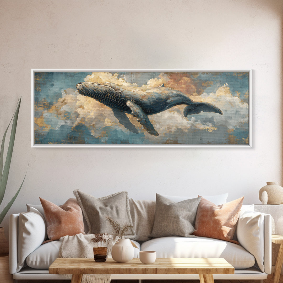 Whale Flying Through Clouds Like Ocean Framed Canvas Print, Whimsical Art, Nursery Art, Living Room Decor, Oil Painting, Wonder, WHI-3x1-77