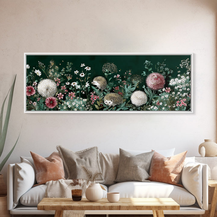 Hedgehog Carrying Wildflowers Framed Canvas Print, Whimsical Art, Whimsical, Living Room Decor, Watercolor Art, Wonder, WHI-3x1-79