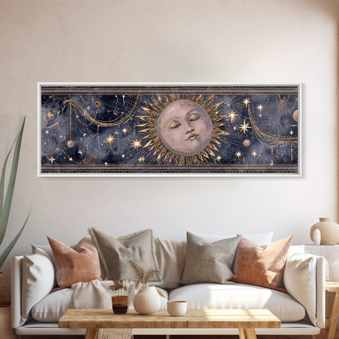 Moon with Sleeping Face and Dangling Stars Canvas Print, Whimsical Art, Nursery Wall Decor, Living Room Decor, Oil Painting, WHI-3x1-8