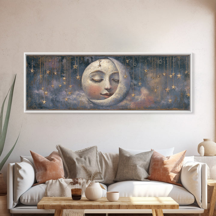 Moon with Sleeping Face and Dangling Stars Canvas Print, Whimsical Art, Art Print, Living Room Decor, Fine Art, Wonder, WHI-3x1-80