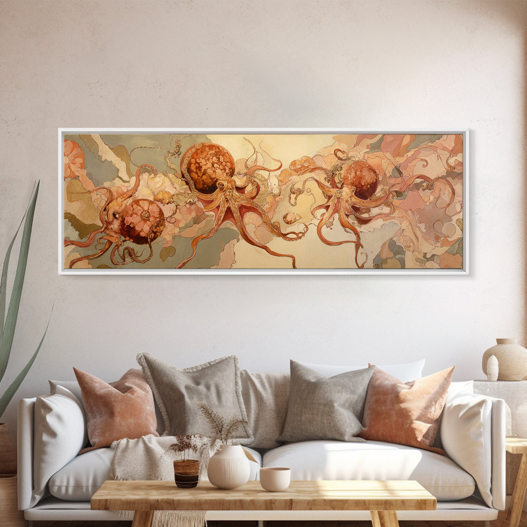 Octopus Conductor with Tiny Instruments Framed Canvas Print, Whimsical Art, Nursery, Living Room Decor, Fine Art, Wonder, WHI-3x1-82