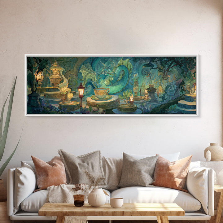 Dragon Curled Around a Teacup Canvas Print, Whimsical Art, Wall Art, Living Room Decor, Oil Painting, Wonder, Framed Wall Art, WHI-3x1-88