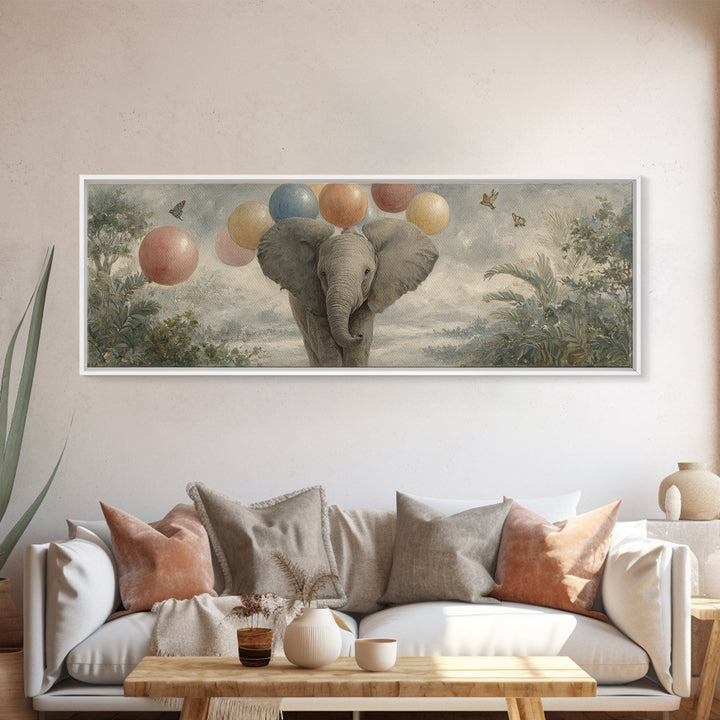 Elephant Holding Balloons Canvas Print, Whimsical Art, Pet Portrait, Living Room Decor, Fine Art, Wonder, Abstract Wall Art, WHI-3x1-91