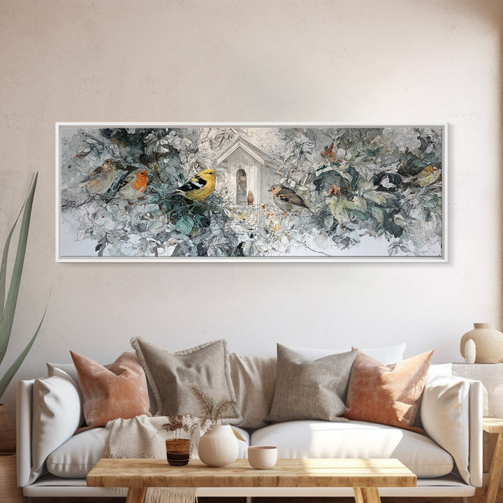 Floating House Carried by Colorful Birds Canvas Print, Whimsical Art, Living Room Decor, Oil Painting, Wonder, WHI-3x1-95