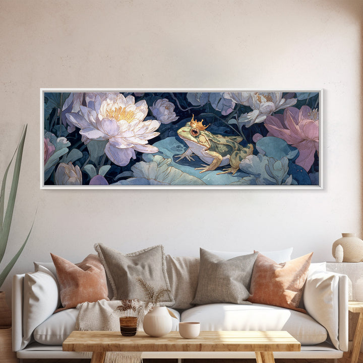 Frog Prince on a Lily Pad Canvas Print, Whimsical Art, Textured Painting, Living Room Decor, Fine Art, Wonder, Nursery Decor, WHI-3x1-96