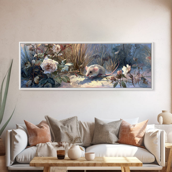 Mouse Ballerina in a Rose Garden Framed Canvas Print, Whimsical Art, Oil Painting, Living Room Decor, Wonder, WHI-3x1-99