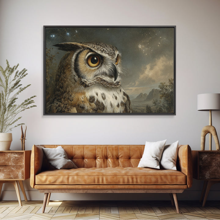 Owl Wearing Spectacles Among Stars Framed Canvas Print, Whimsical Art, Nursery, Living Room Decor, Wonder, Watercolor Art, WHI-3x2-10