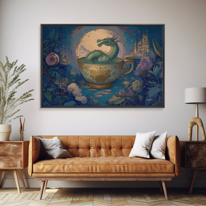 Dragon Curled Around a Teacup Framed Canvas Print, Whimsical Art, Wall Art, Living Room Decor, Oil Painting, Wonder, WHI-3x2-100