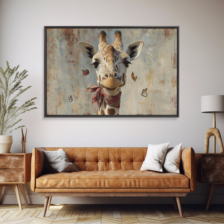 Giraffe with Scarf and Butterflies Framed Canvas Print, Whimsical Art, Framed Wall Art, Living Room Decor, Fine Art, Wonder, WHI-3x2-14