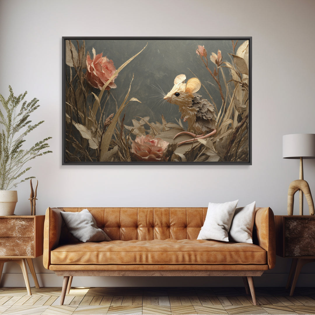 Mouse Ballerina in a Rose Garden Framed Canvas Print, Whimsical Art, Abstract Wall Art, Living Room Decor, Watercolor Art, WHI-3x2-15