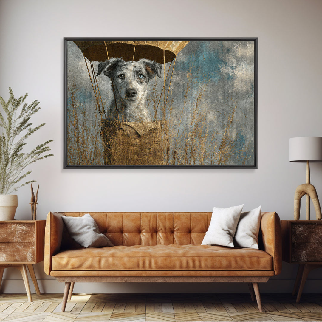 Dog in a Hot Air Balloon Framed Canvas Print, Whimsical Art, Digital Print, Living Room Decor, Fine Art, Wonder, Bird Art, WHI-3x2-18